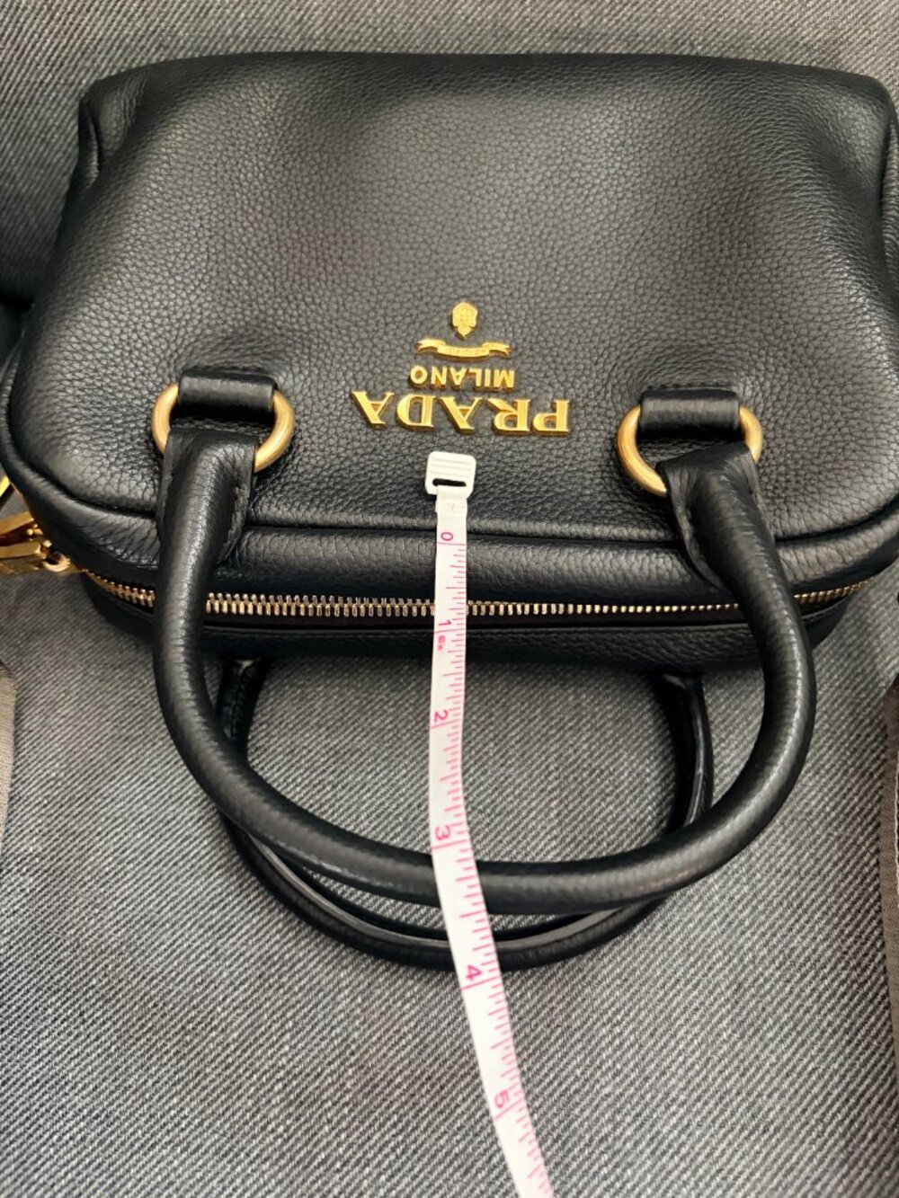 Prada Bauletto Vitello Phenix Black Leather Bag 1BB108 Dust Bag Auth Card Strap - Picture 10 of 16